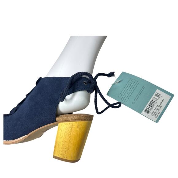 Toms Elba Peep Toe Stacked Wood Block 3” heel bootie sandal 6.5 navy blue ruffle - Picture 5 of 14